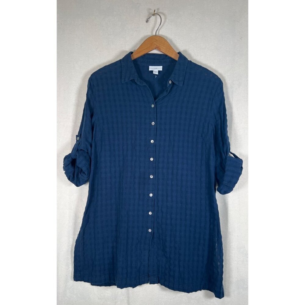 J.Jill Women Size M Navy Blue MOP Button Front Top Tab 3/4 Sleeve Texture Fabric
